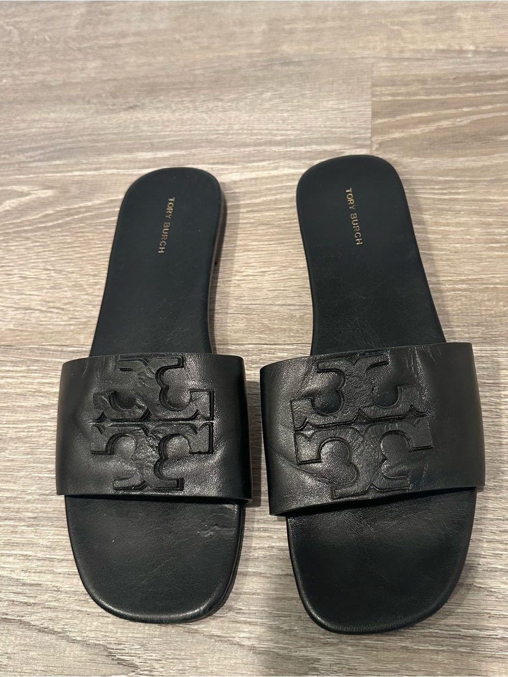 Tory Burch black leather ines flat slides sandals womens 9
